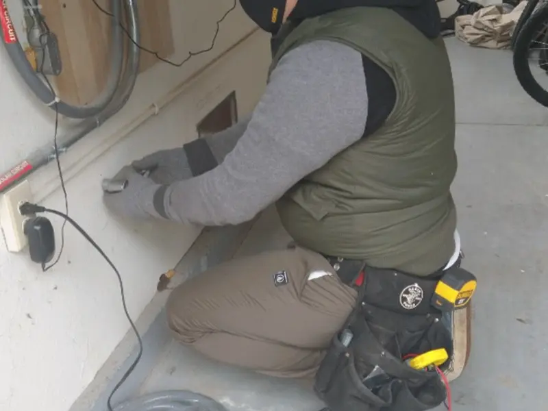 Electrician performing outlet wiring in a Linton garage